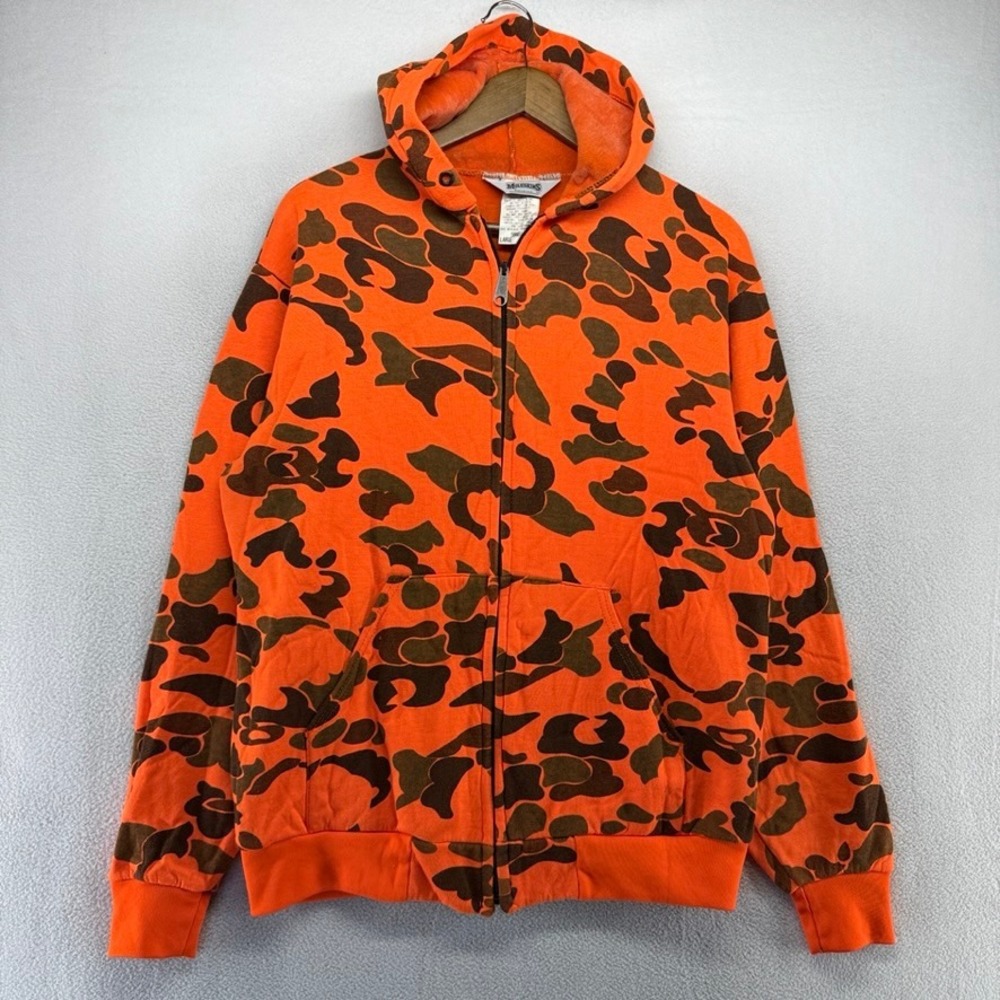 Vintage Muleskins Hoodie Men's Large Tall Orange Camo Talon Zip Fleece Lined 80s